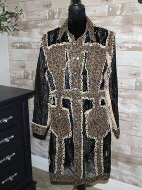 Frayed Leopard Denim and Black Mesh Duster Jacket Art-to-wear Bohemian Western